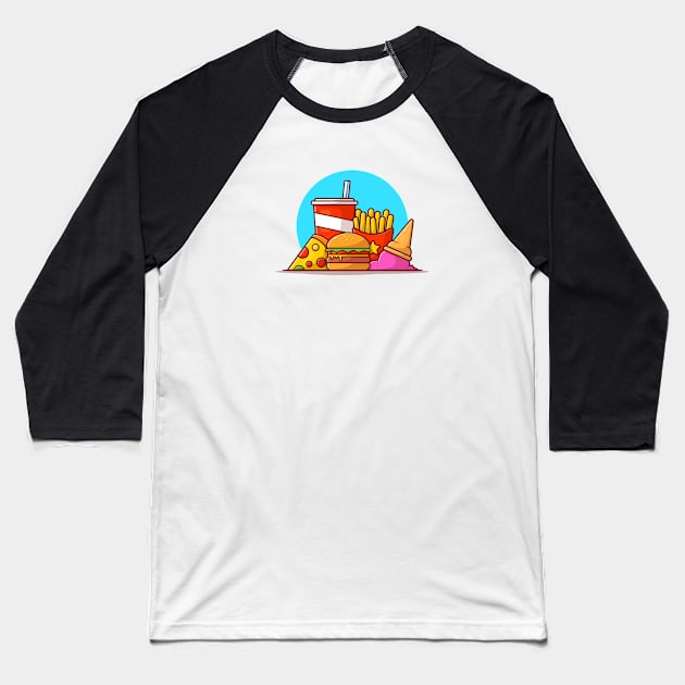 Burger, French Fries, Soft Drink, Pizza And Ice Cream Cone Cartoon Vector Icon Illustration Baseball T-Shirt by Catalyst Labs